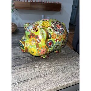 Vintage Folk Art Ceramic Mexican Pottery Piggy Bank Painted Old Retro Flowers 60